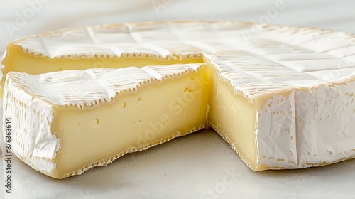 Small-batch pasteurized brie cheese, detailed close-up, cinematic photography, rich texture and soft edges