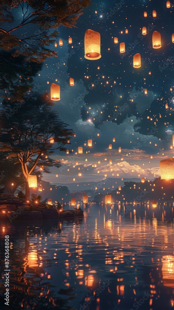 Fototapeta premium A serene night sky illuminated by floating lanterns and fireworks, creating a magical Diwali atmosphere. Diwali celebration