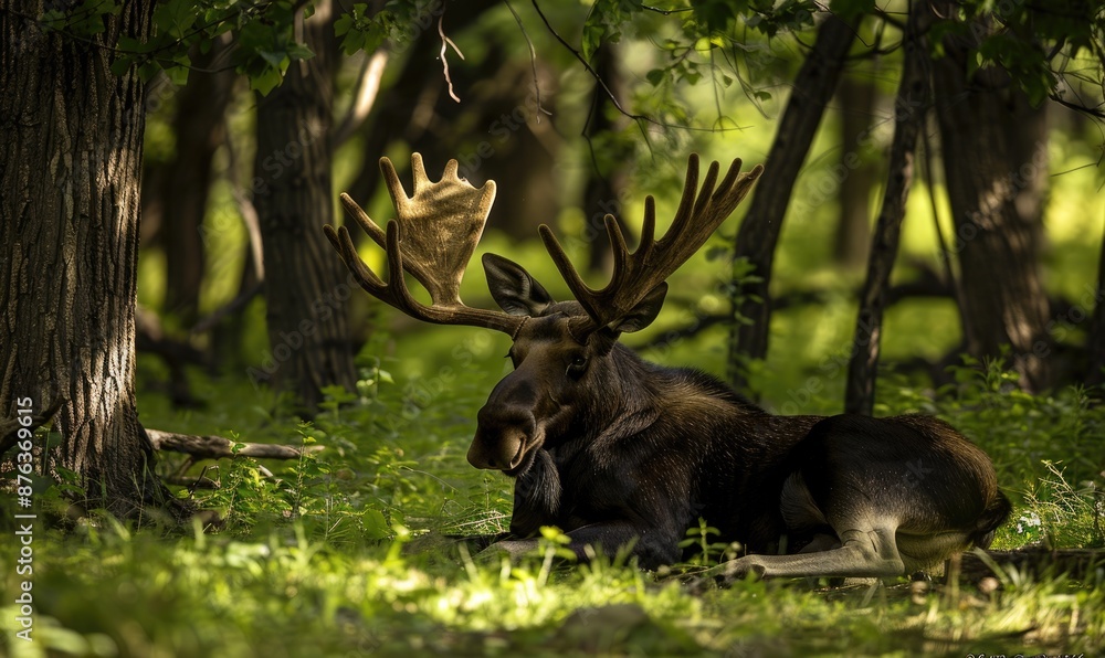 Moose lying in the shade of trees, dappled sunlight Moose lying in the shade of trees, dappled sunlight