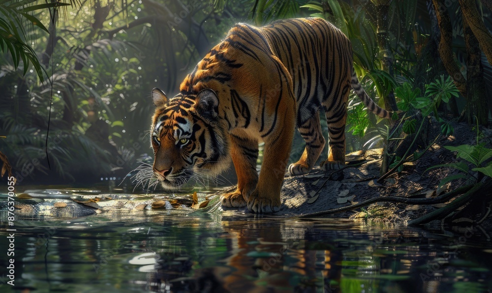 Tiger standing on a riverbank drinking water Tiger standing on a riverbank drinking water