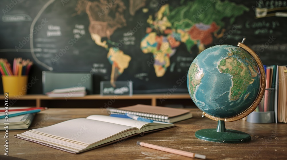 Back-to-School Bliss: Vibrant Earth Globe, Notebooks, and Stationery on Wooden Desk with Chalkboard Background Back-to-School Bliss: Vibrant Earth Globe, Notebooks, and Stationery on Wooden Desk with Chalkboard Background