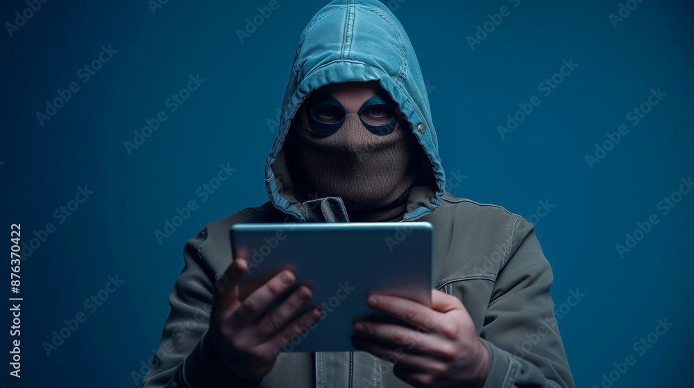 Dangerous person wearing a hooded jacket and a mask is committing a cyber crime using a digital tablet Dangerous person wearing a hooded jacket and a mask is committing a cyber crime using a digital tablet