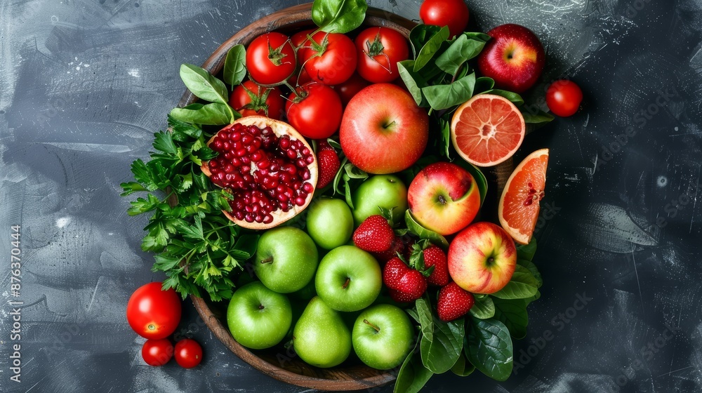 Assorted fruits and vegetables including apples, tomatoes, and greens in a bowl on a dark background Assorted fruits and vegetables including apples, tomatoes, and greens in a bowl on a dark background
