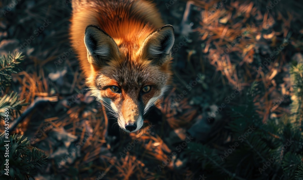 Fototapeta premium Top view of a fox prowling through the forest