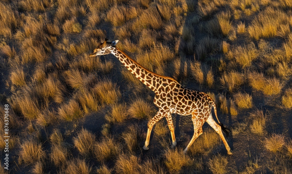 Obraz premium Top view of a giraffe walking through the savannah