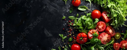 Tomatoes and greens scattered on a black background