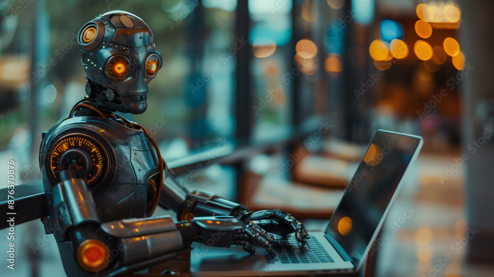 Futuristic robot is diligently working on a laptop in a modern office ...