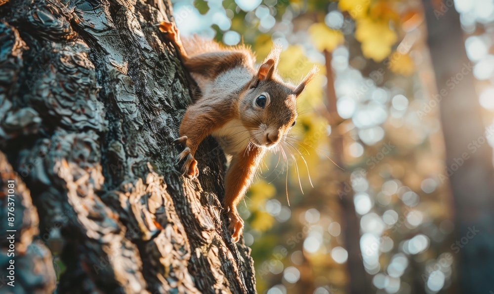 Top view of a squirrel climbing up a tree trunk Top view of a squirrel climbing up a tree trunk