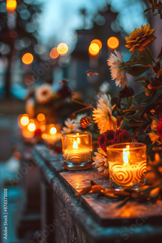 Lots of lit candles and flowers at the cemetery. Celebrating All Saints Day at graveyard at night. © MNStudio
