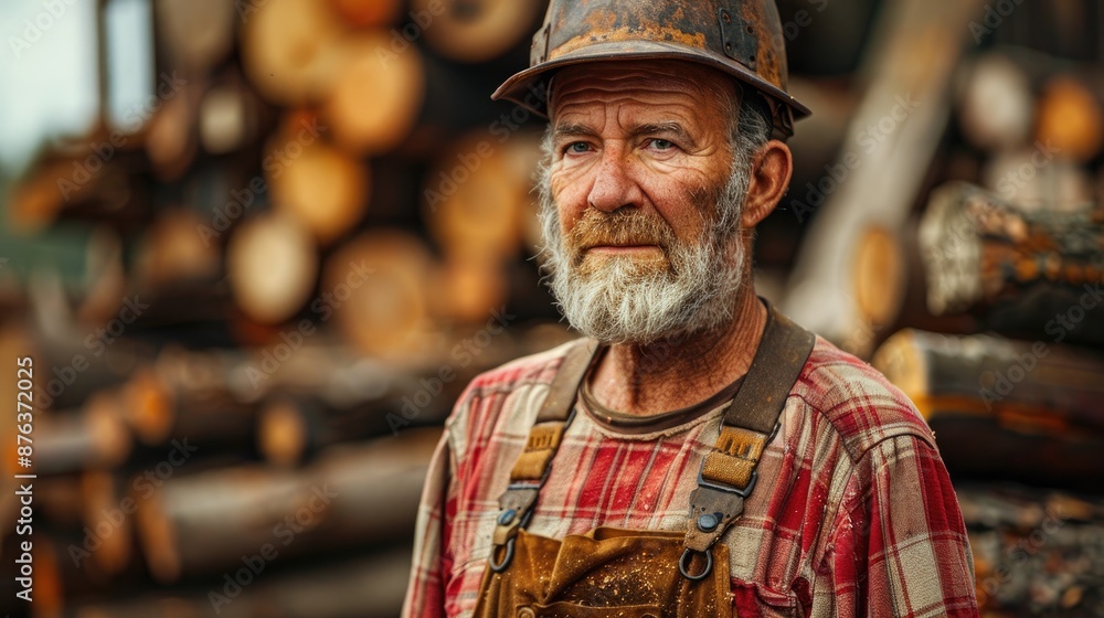 Bearded lumberjack in a plaid shirt with wood background Bearded lumberjack in a plaid shirt with wood background