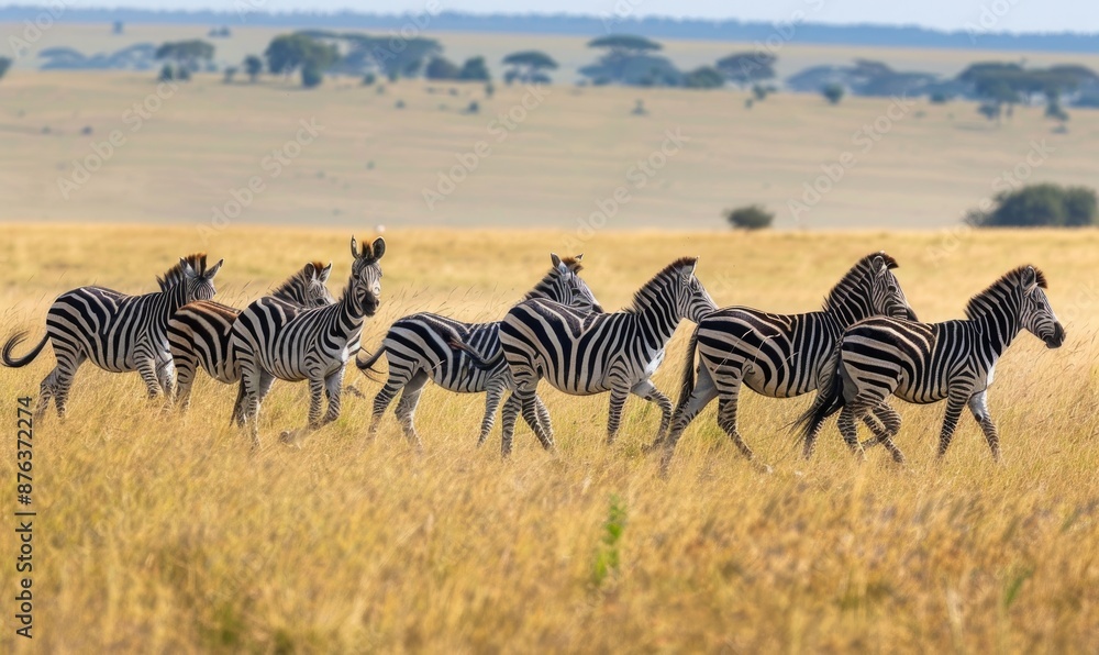 Obraz premium Zebra herd grazing near acacia trees