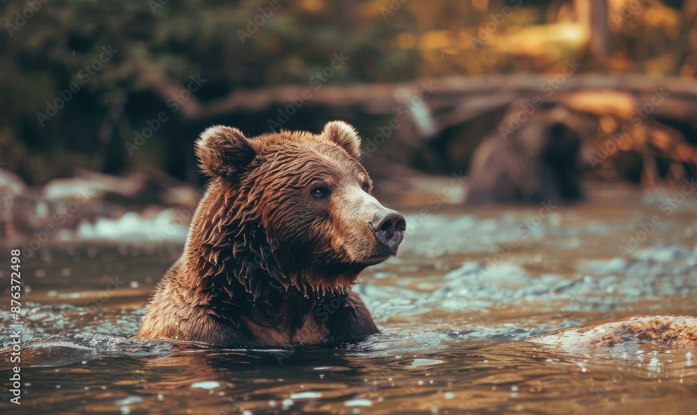 Obraz premium Bear bathing in a river cool water