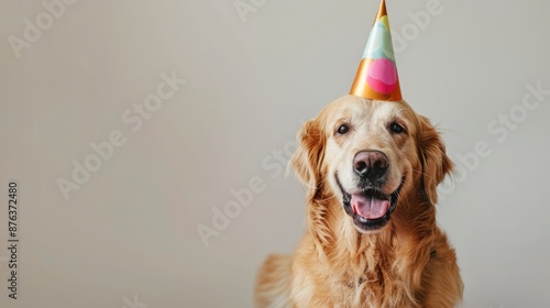 Golden Retriever Dog Wearing A Birthday Hat And Celebrating Joyfully.