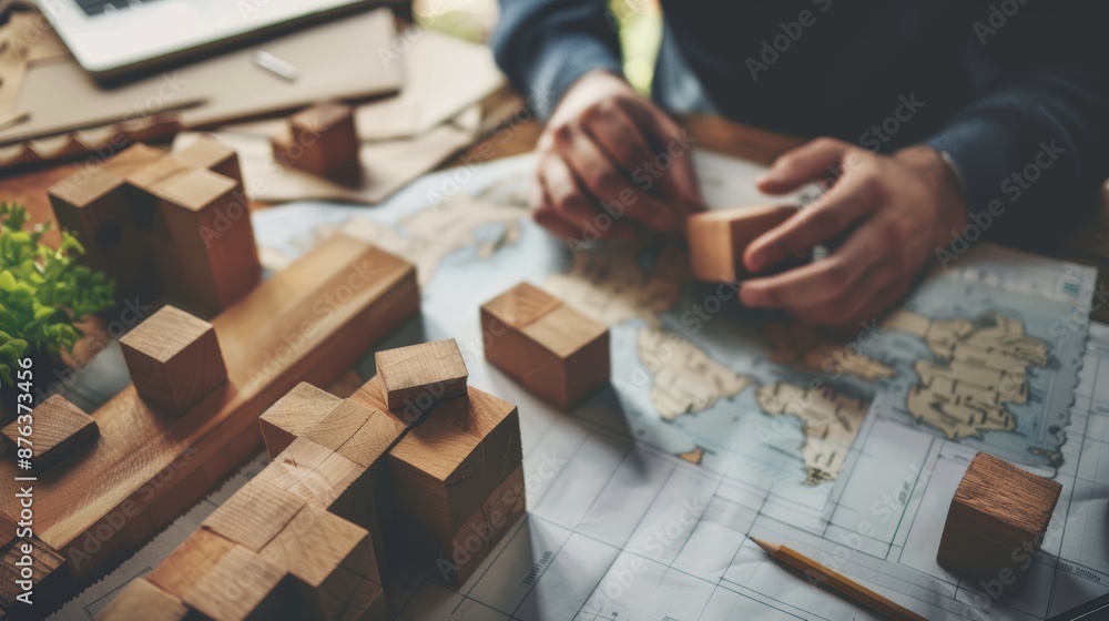 Close-up of hands arranging wooden blocks on a map Close-up of hands arranging wooden blocks on a map