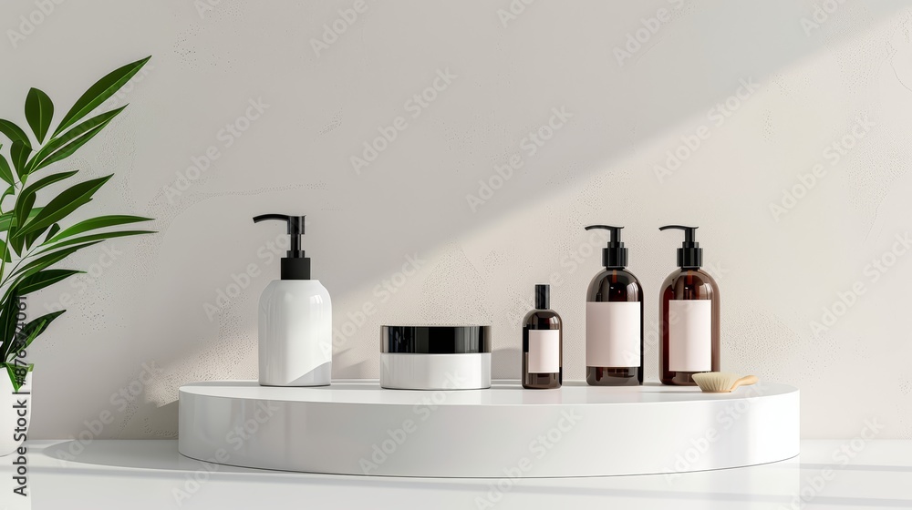Cosmetic bottles on white platform with plant on neutral background Cosmetic bottles on white platform with plant on neutral background