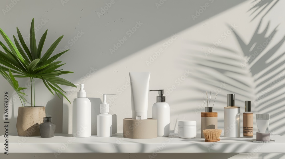 Cosmetic bottles with plants on white shelf in sunlight Cosmetic bottles with plants on white shelf in sunlight