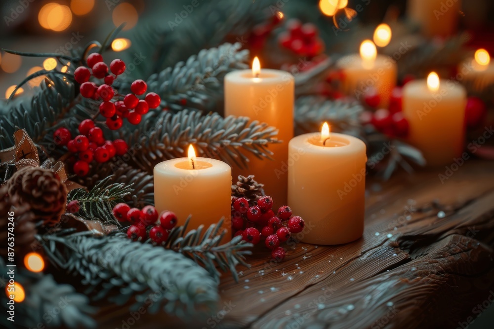 A warm and inviting scene of Christmas candles surrounded by pine branches and red berries on a wooden table A warm and inviting scene of Christmas candles surrounded by pine branches and red berries on a wooden table
