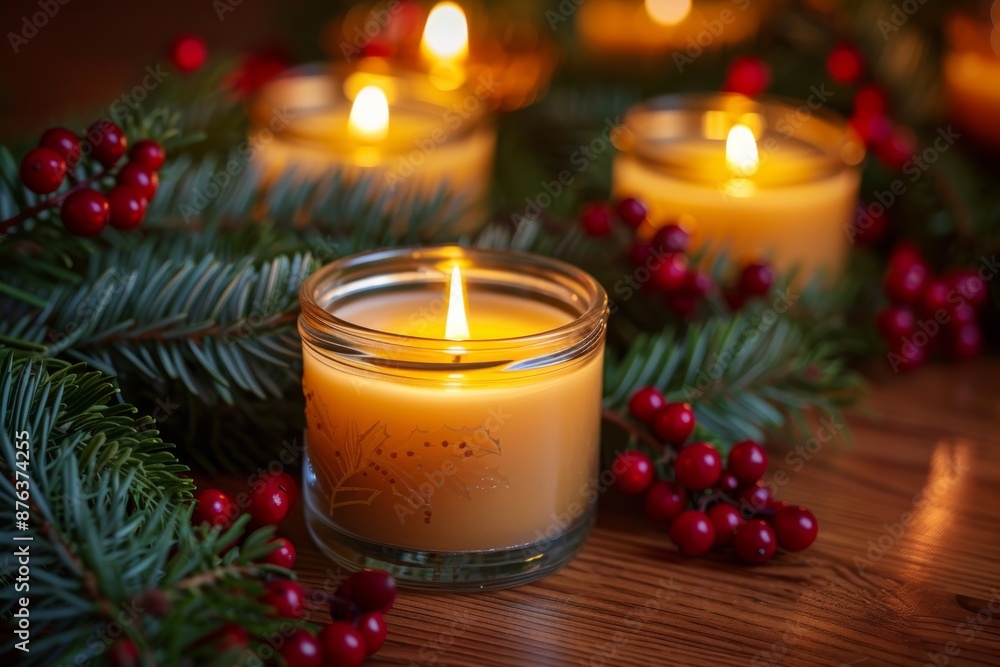 A warm and inviting scene of Christmas candles surrounded by pine branches and red berries on a wooden table A warm and inviting scene of Christmas candles surrounded by pine branches and red berries on a wooden table