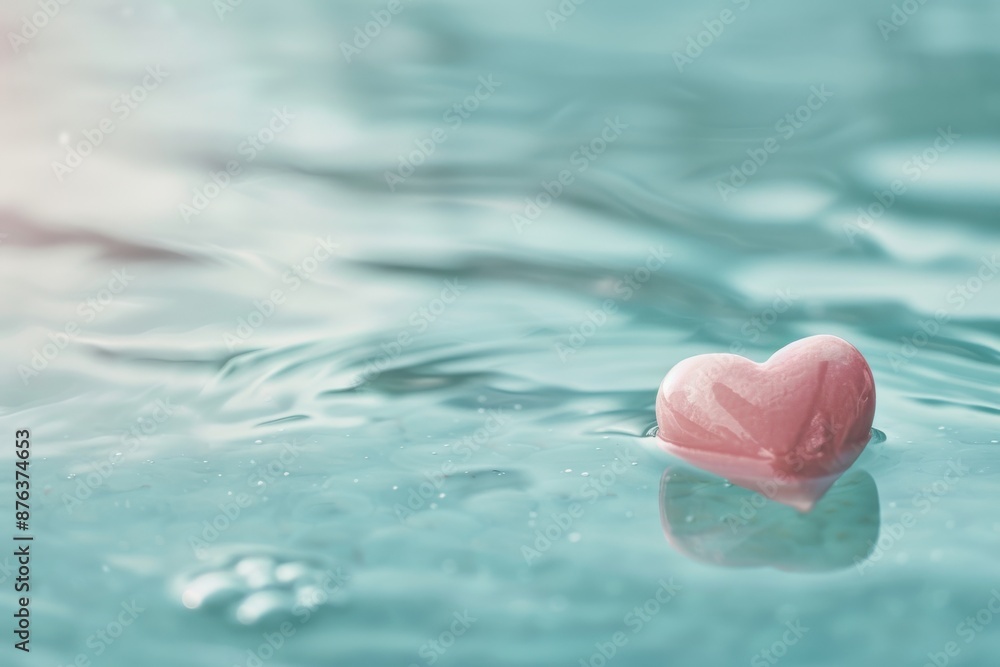 Pink heart symbol resting on a serene blue surface, calm and serene, close up, peace, surreal, manipulation, water reflection backdrop Pink heart symbol resting on a serene blue surface, calm and serene, close up, peace, surreal, manipulation, water reflection backdrop