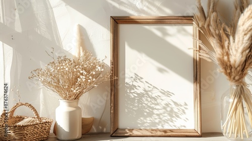 Empty wooden frame with dried flowers and wicker basket on a sunlit table © Kharkovich