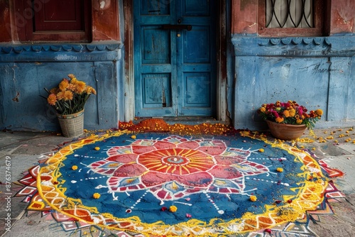 An intricate and colorful rangoli design made with vibrant powders and flower petals, placed at the entrance of a home  photo