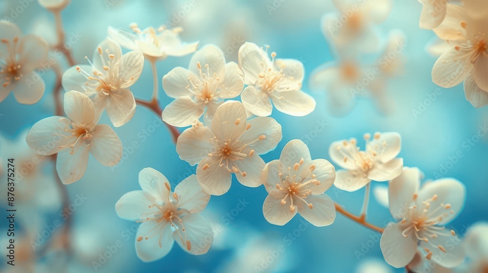 Delicate White Blossoms on Blue Background. Close-up of delicate white blossoms against a soft blue background, highlighting the beauty and intricacy of nature.
Delicate White Blossoms on Blue Background. Close-up of delicate white blossoms against a soft blue background, highlighting the beauty and intricacy of nature.