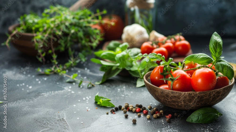 Fresh Herbs and Tomatoes on Dark Background Fresh Herbs and Tomatoes on Dark Background