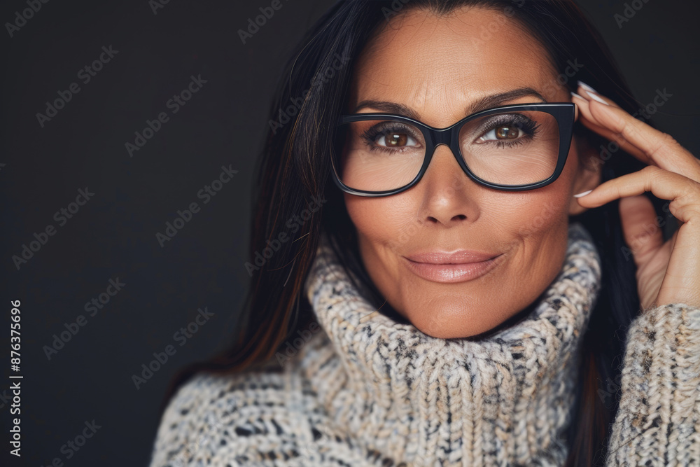 Close-up portrait of a middle aged woman, studio photo, against a sleek gray studio backdrop Close-up portrait of a middle aged woman, studio photo, against a sleek gray studio backdrop