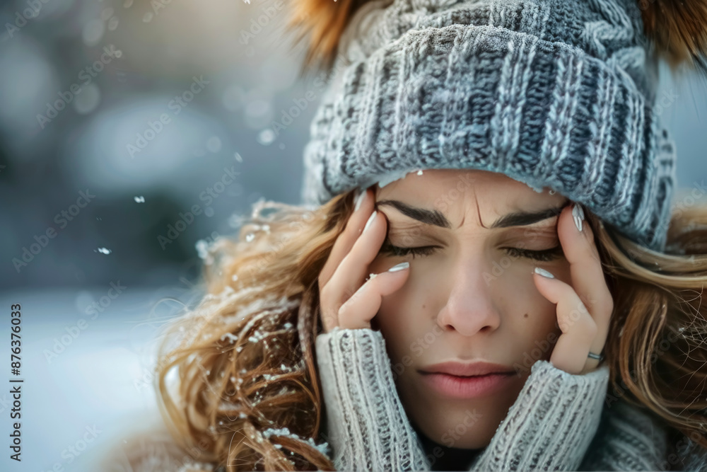 An image depicting a woman with a headache holding her head in discomfort. There are visible signs of pain on her face, conveying the sensation of a headache An image depicting a woman with a headache holding her head in discomfort. There are visible signs of pain on her face, conveying the sensation of a headache