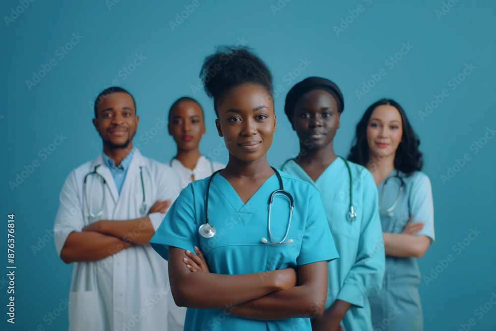 Group of African American medics standing on blue background wearing medical uniform, young female doctor with stethoscope in foreground Group of African American medics standing on blue background wearing medical uniform, young female doctor with stethoscope in foreground