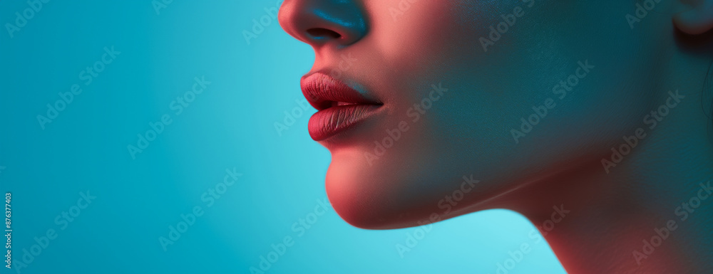 Close-Up of Woman's Lips and Chin in Neon Blue and Pink Lighting with Artistic Flair Close-Up of Woman's Lips and Chin in Neon Blue and Pink Lighting with Artistic Flair