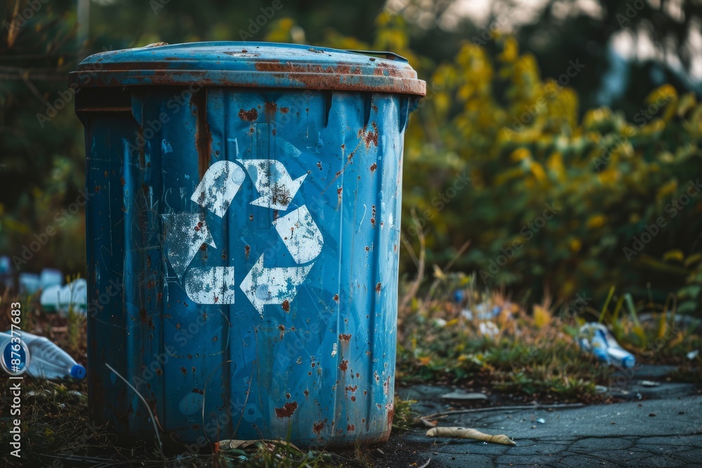 Obraz premium Recycled sign on garbage bin, garbage recycling concept