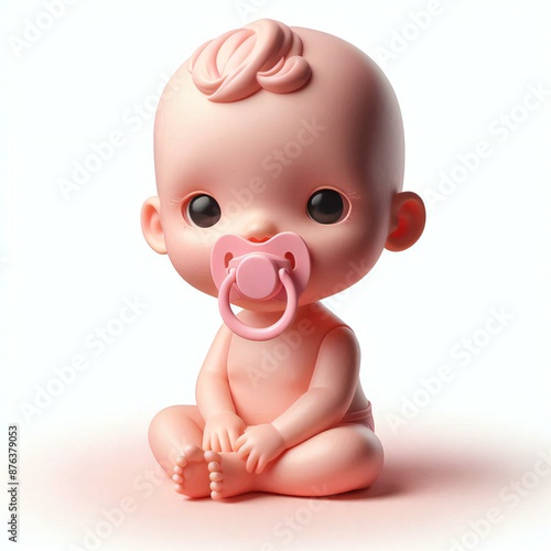 A baby doll with a pink nose and a pink pacifier in its mouth.
