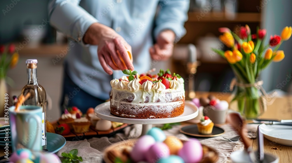 © PixelGen - Cake And Drinks On The Table, A Partial View Of A Man Near A Delicious Easter Cake And Painted Eggs