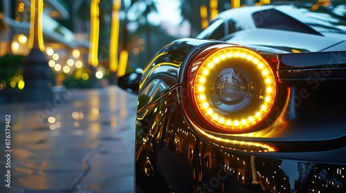 Front headlight with yellow xenon light on black sport car at evening scene photo