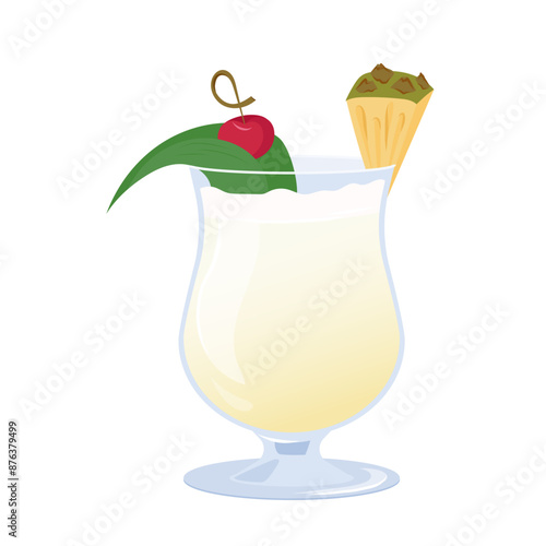 Pina Colada realistic cocktail with pineapple slice, straw and drinking straw. Vector illustration glass of alcoholic drink isolated on white background. Sweet summer beach cocktail.