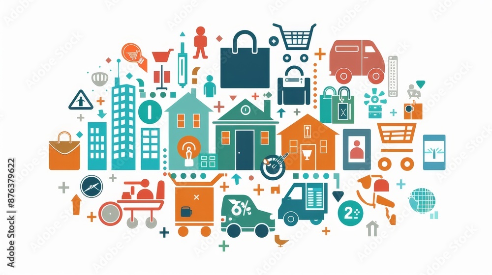 A colorful image of various objects and symbols, including a house, a car A colorful image of various objects and symbols, including a house, a car