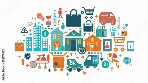 A colorful image of various objects and symbols, including a house, a car
