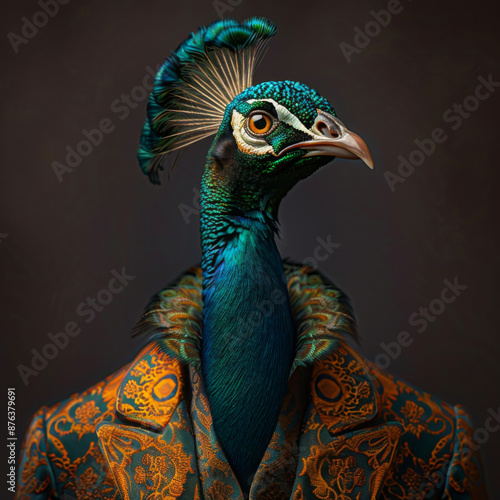 Portrait of peacock in human clothing. Creative portrait of wild animal on abstract background. Antropomorphic animal.  photo