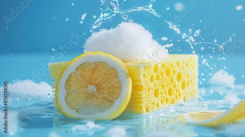 Cleanliness concept demonstrated with lemon scented white yellow toilet cleaner and yellow sponge on blue backdrop photo