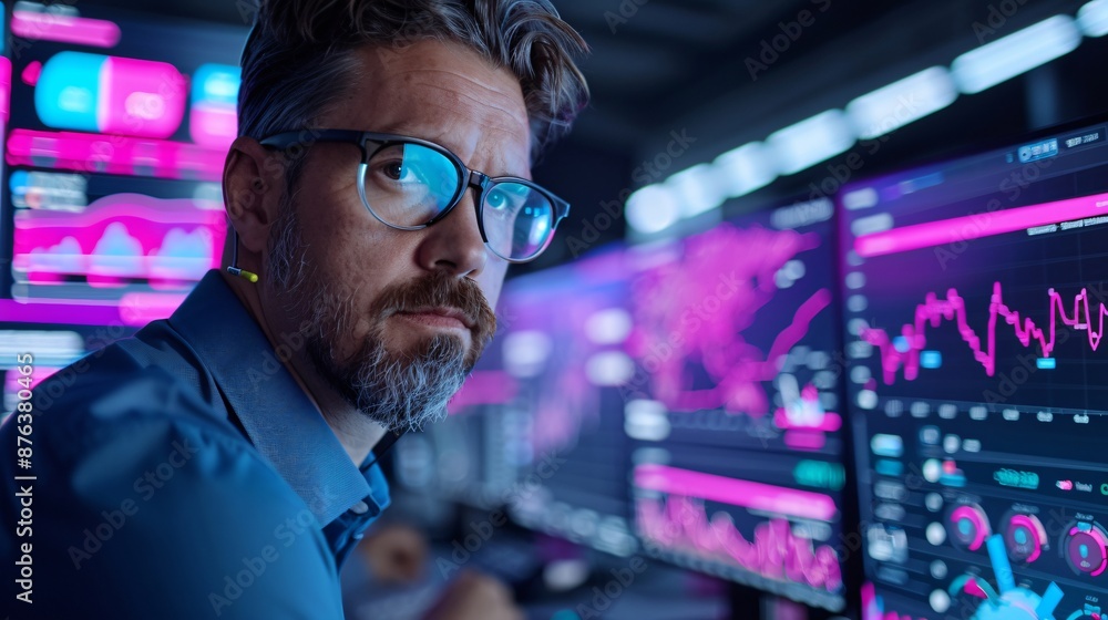 A business meeting scene featuring a businessman on the far right, looking professional and engaged. The centerpiece is a KPI graph displayed as a hologram, glowing with vivid colors and detailed A business meeting scene featuring a businessman on the far right, looking professional and engaged. The centerpiece is a KPI graph displayed as a hologram, glowing with vivid colors and detailed