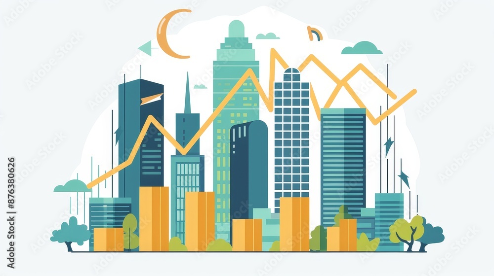 Fototapeta premium A city skyline with a graph showing a decline in the economy