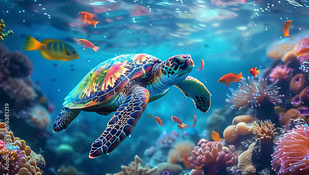 turtle with group of colorful fish and sea animals with colorful coral underwater in ocean turtle with group of colorful fish and sea animals with colorful coral underwater in ocean
