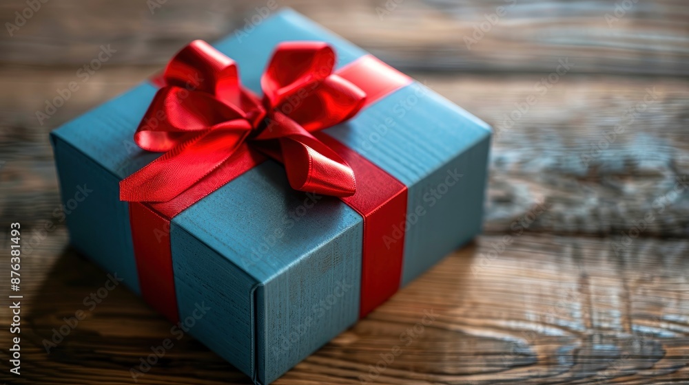 Classic Blue Gift Box With A Red Ribbon On Wooden Background, Space For Text Classic Blue Gift Box With A Red Ribbon On Wooden Background, Space For Text