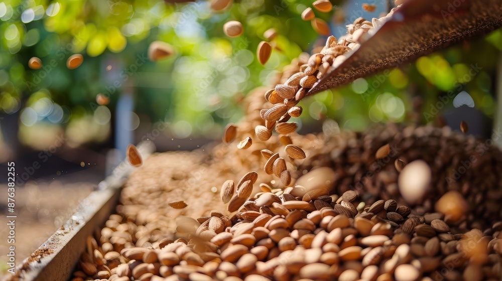 Obraz premium A large pile of almonds is falling out of a container