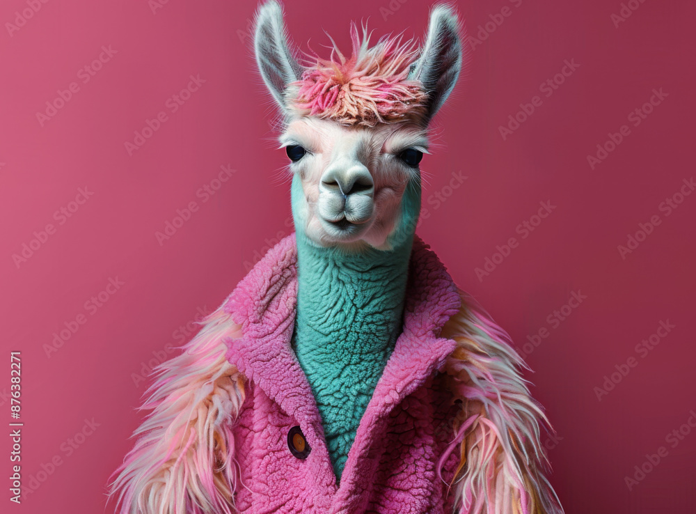 Abstract, creative, illustrated, minimal portrait of a wild animal dressed up as a man in elegant clothes. A lama in a trendy vintage hipster casual sweatshirt. Abstract, creative, illustrated, minimal portrait of a wild animal dressed up as a man in elegant clothes. A lama in a trendy vintage hipster casual sweatshirt.