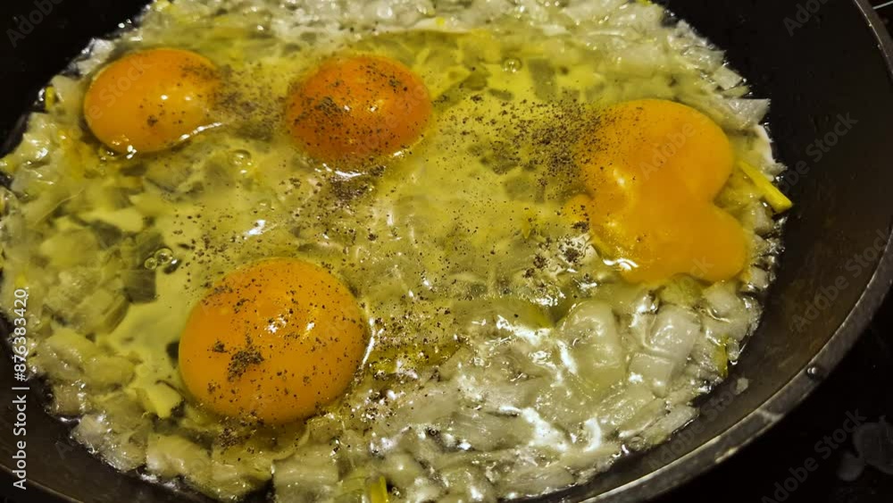 Sprinkle by pepper frying eggs with chopped onion. Sprinkle by pepper frying eggs with chopped onion.