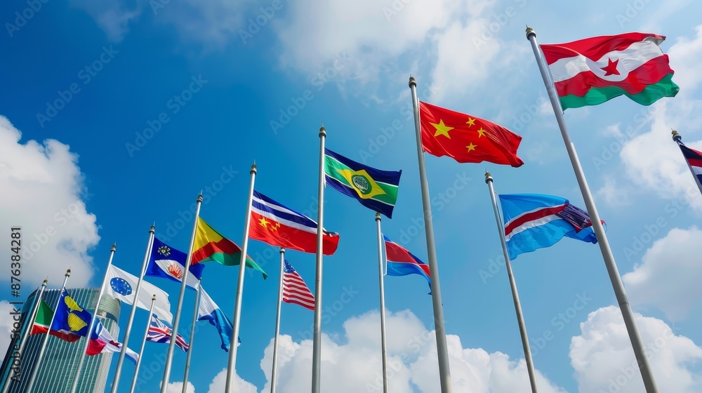 A row of flags from different countries are flying high in the sky A row of flags from different countries are flying high in the sky