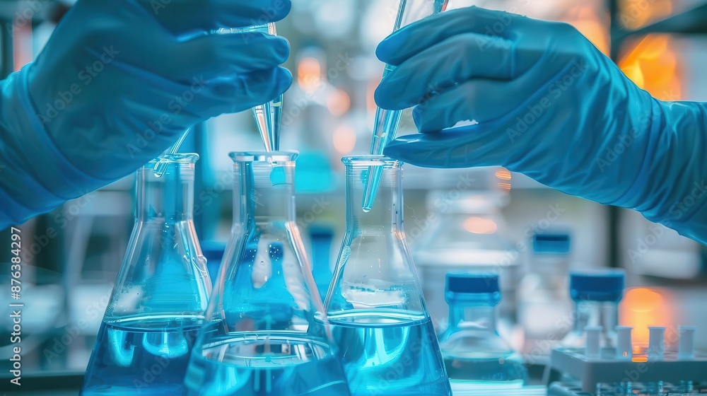 Laboratory food testing, gloved hands, blue rubber gloves, hightech lab, safety, hygiene, precision, science experiment, detailed process Laboratory food testing, gloved hands, blue rubber gloves, hightech lab, safety, hygiene, precision, science experiment, detailed process