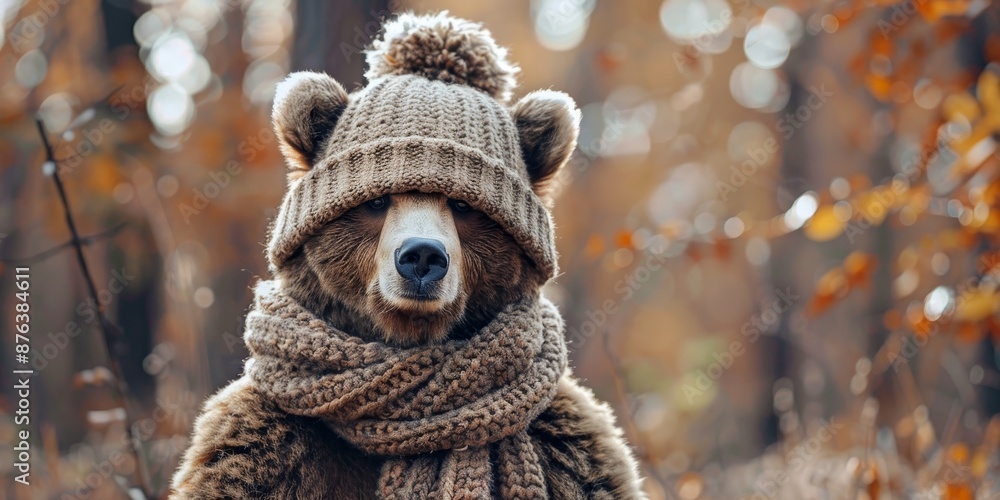 Obraz premium Cute bear animal wearing cozy warm clothes hat and scarf wallpaper background